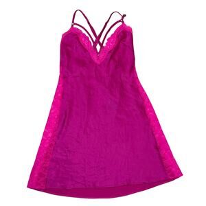 Victoria’s Secret hot pink cami lace babydoll satin mini slip dress W sz small